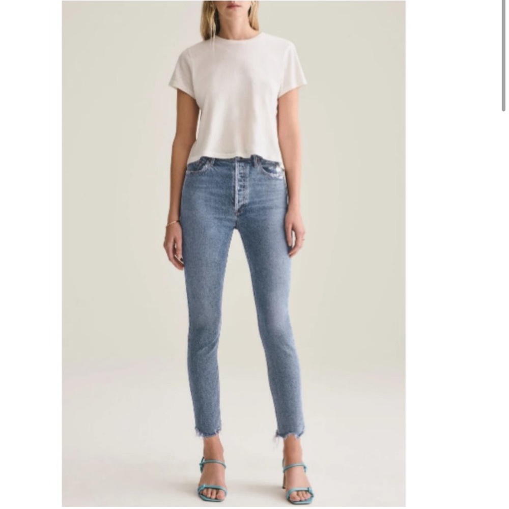 AGOLDE Nico High Rise Slim Fit Rooted Jeans Distressed Chewed Hem Denim Size 29
